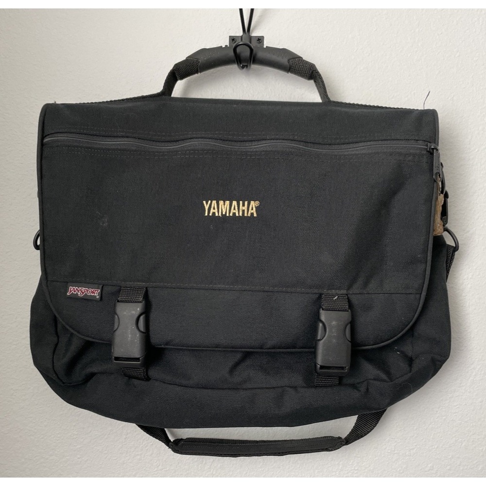 JanSport Mens Black Messenger Bag Yamaha Embroidered Suede Trim Laptop Bag
